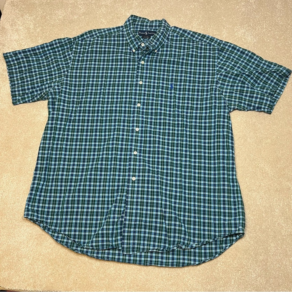 Ralph Lauren‎ Blake Blue Plaid Short Sleeve Button Down 100% cotton Men's XL